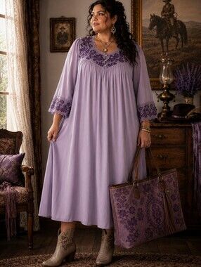 Lavender Cottagecore Prairie Nightgown/ Dress Floral Lace Western Romantic Midi